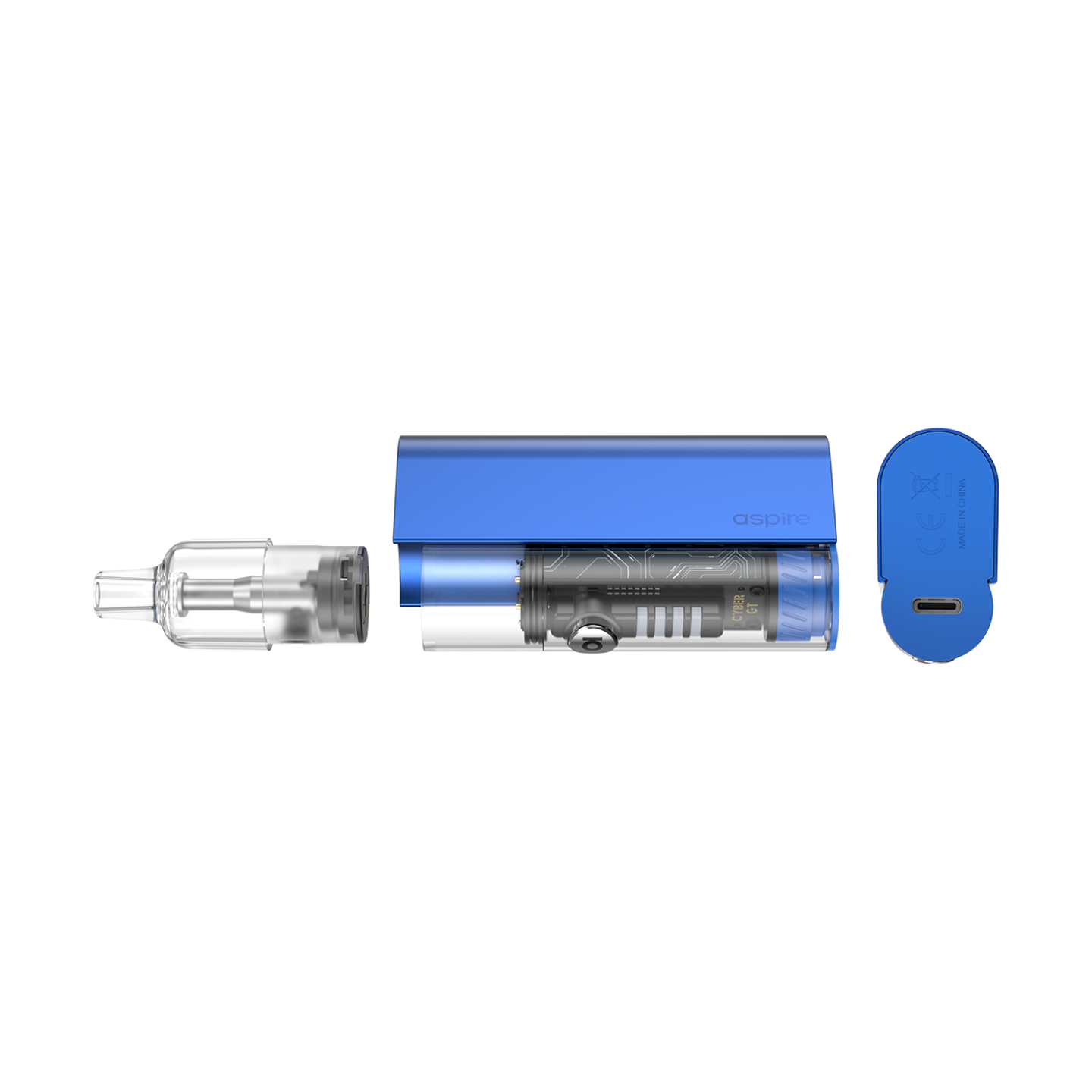 Vue éclatée du Cyber GT Aspire : cartouche TG Pod, corps et base avec prise USB-C (coloris Blue)
