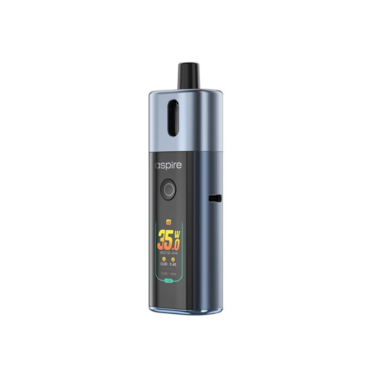 Kit Pod Fluffi Pro Aspire coloris Navy Blue, vue de face avec écran allumé