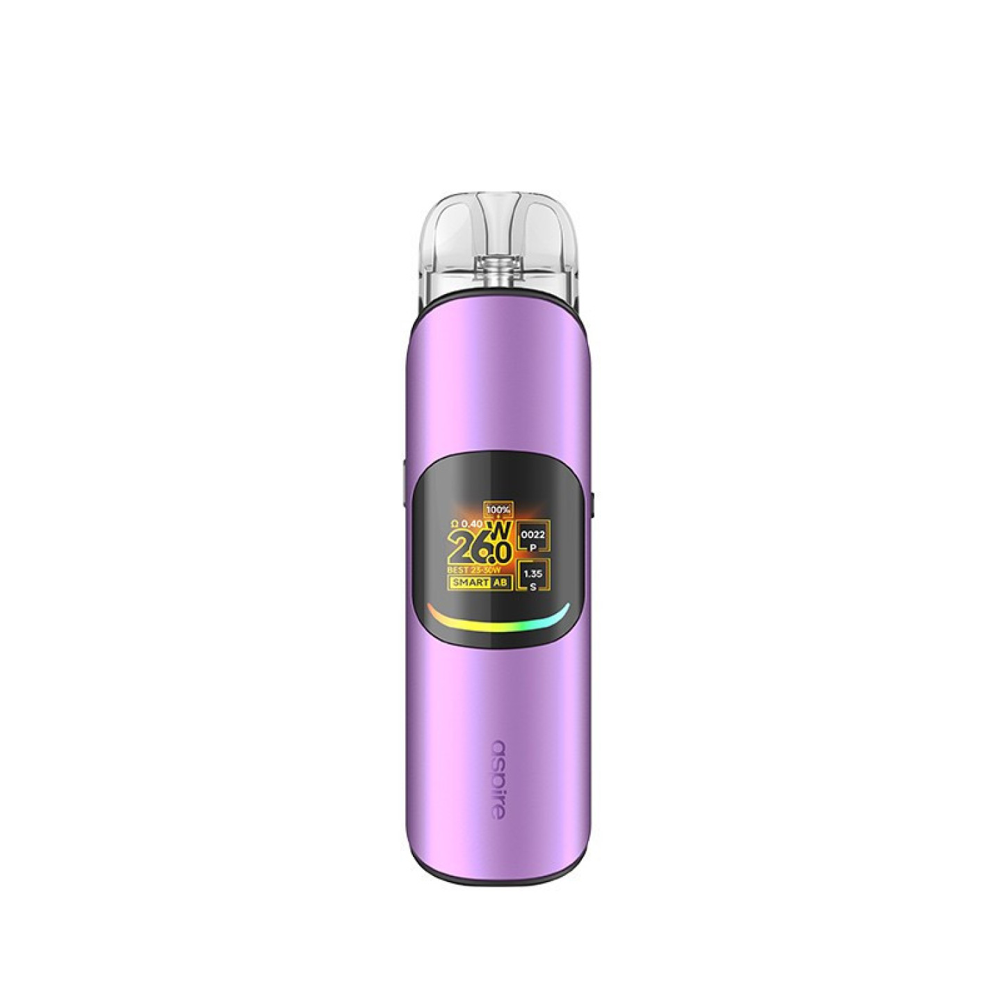 Kit Pod Pixo Neo Aspire coloris Purple, vue de face avec écran allumé