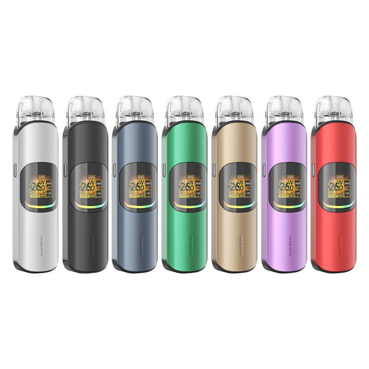 Gamme des sept coloris du kit pod Pixo Neo Aspire alignés de face
