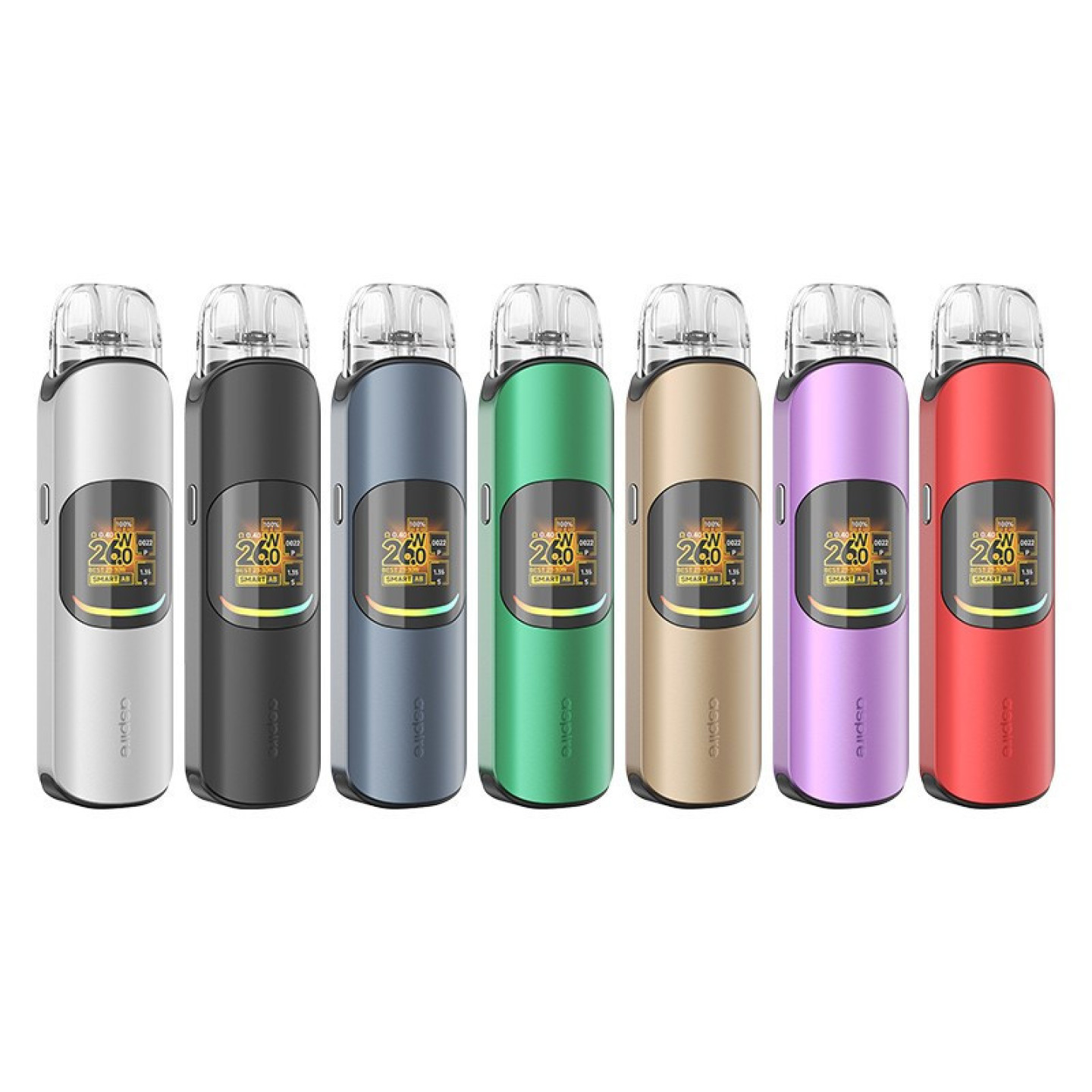 Gamme des sept coloris du kit pod Pixo Neo Aspire alignés de face