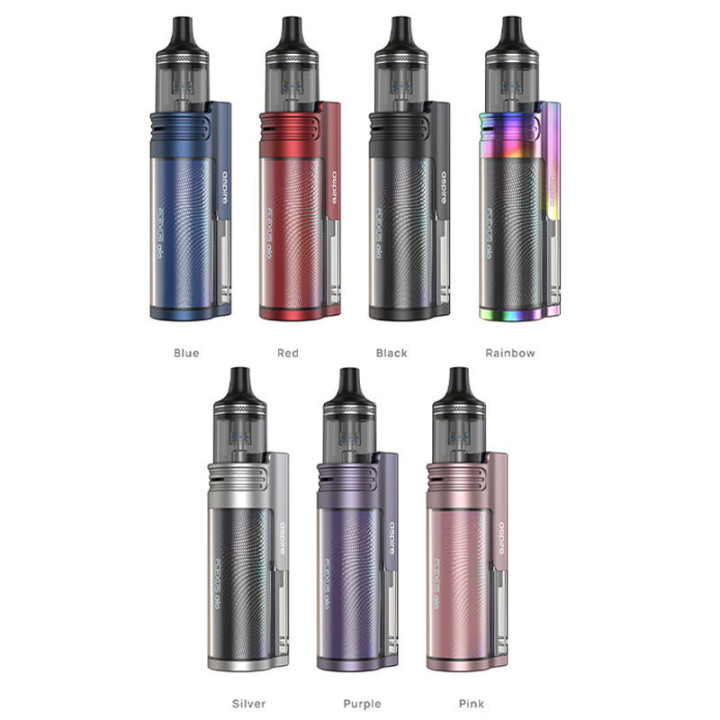 Les sept coloris du kit pod Flexus AIO Aspire avec leur nom
