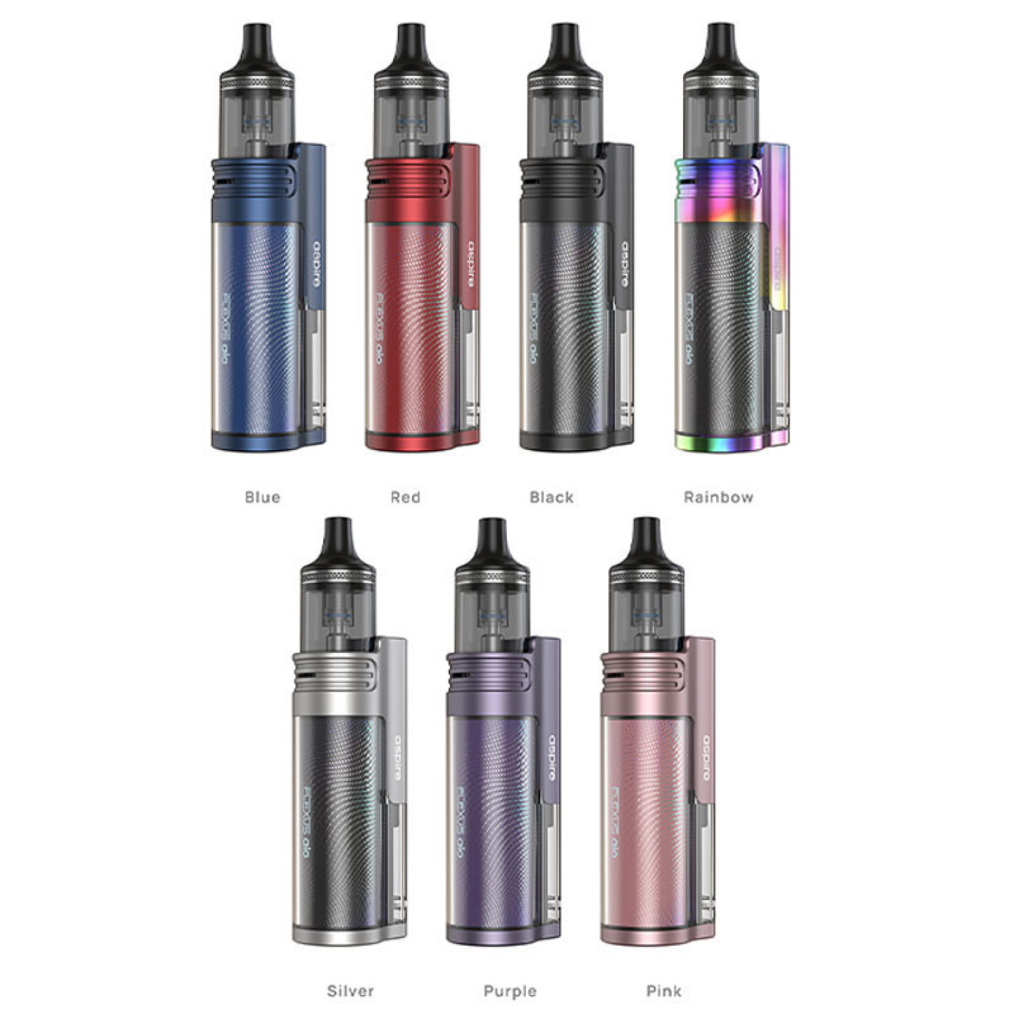 Les sept coloris du kit pod Flexus AIO Aspire avec leur nom