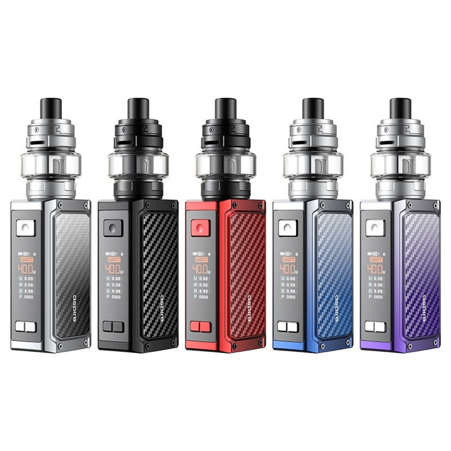 Cinq coloris Carbon du kit Rover Plus Aspire alignés