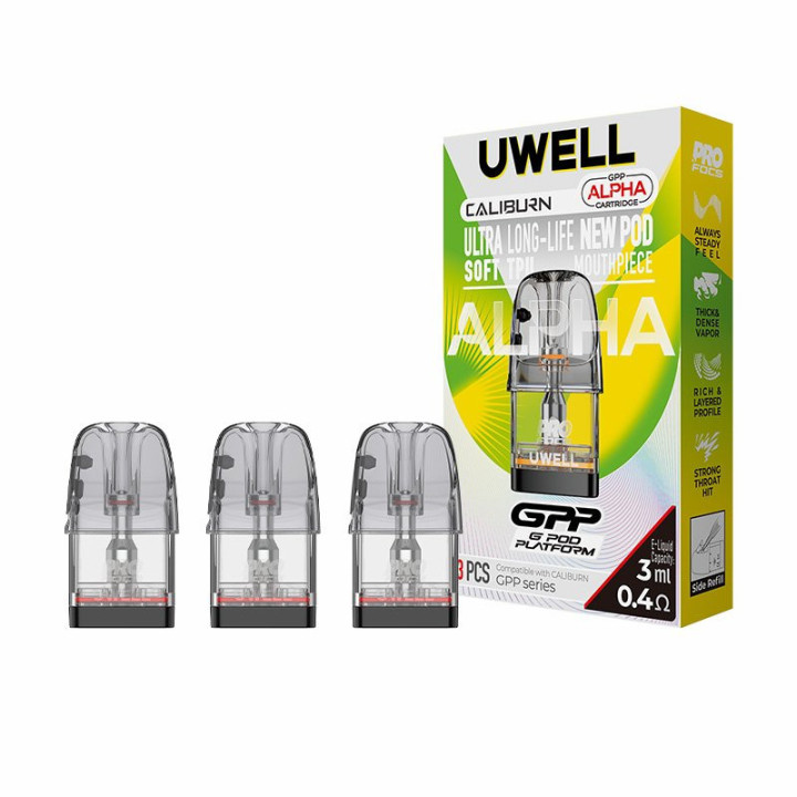 Cartouches GPP Alpha Uwell, vue du dessous, connexion magnétique
