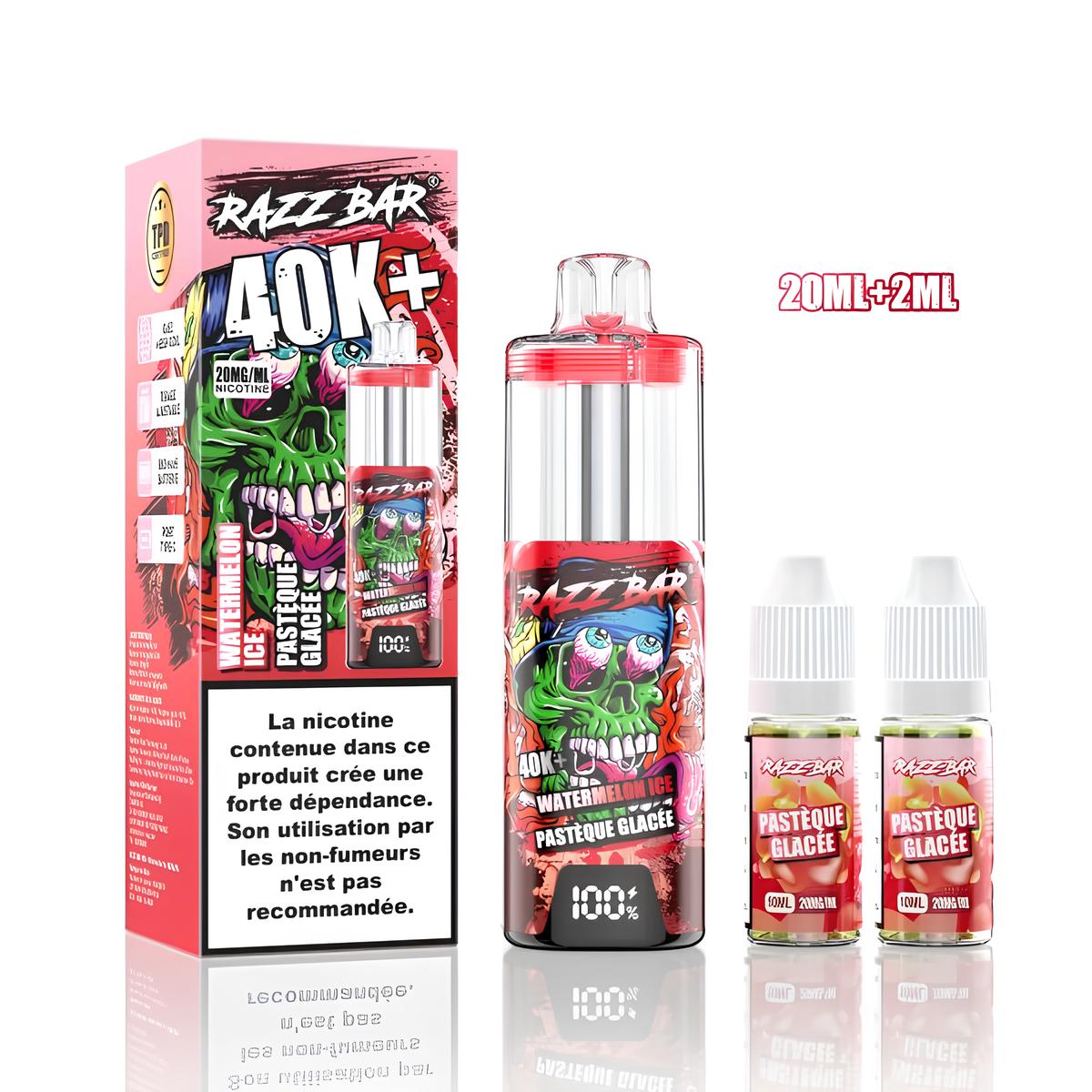 Puff rechargeable Shisha MTL/RDL 40K+ 850mAh 20ml + 2ml 6mg - Razzbar - BYCLOPE