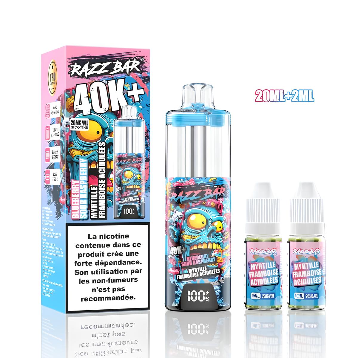 Puff rechargeable Shisha MTL/RDL 40K+ 850mAh 20ml + 2ml 6mg - Razzbar - BYCLOPE